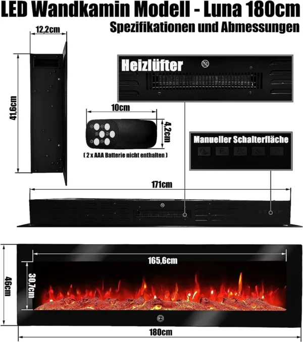 LED Wandkamin Elektrischer Kamin Elektrokamin Kaminofen Luna Heizung 180cm – Bild 5
