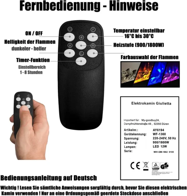 LED Wandkamin Elektrischer Kamin Elektrokamin Kaminofen Heizung Giulietta 150cm – Bild 2