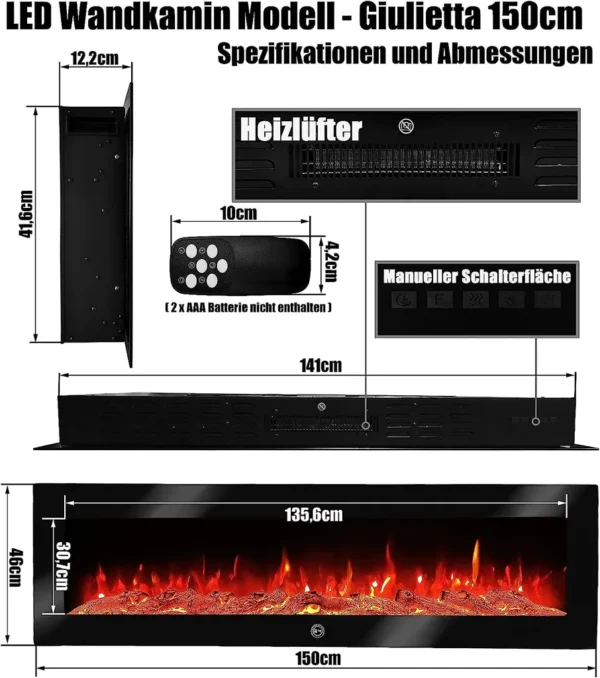 LED Wandkamin Elektrischer Kamin Elektrokamin Kaminofen Heizung Giulietta 150cm – Bild 6