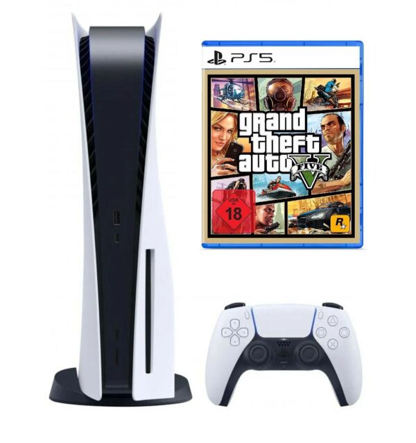 Playstation Sony Playstation 5 Konsole Disk Laufwerk + GTA V PS5 Spiel, Blu-ray Disc Version - Playstation Bundle Set – Bild 4